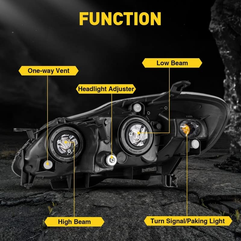 Headlight Assembly, Compatible with 2003-2008 Corolla, Amber Corner, Black