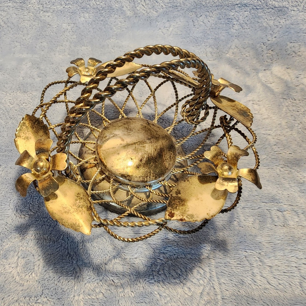 Vintage Silver-plate Fruit Basket Swing Handle Wire Flowers & Leaves