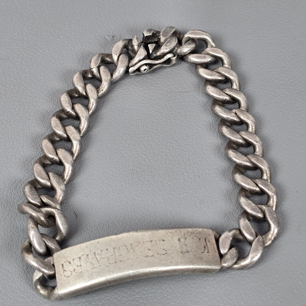 WWII Military Sterling Silver ID Heavy Chain Bracelet Engraved Message 53.5g