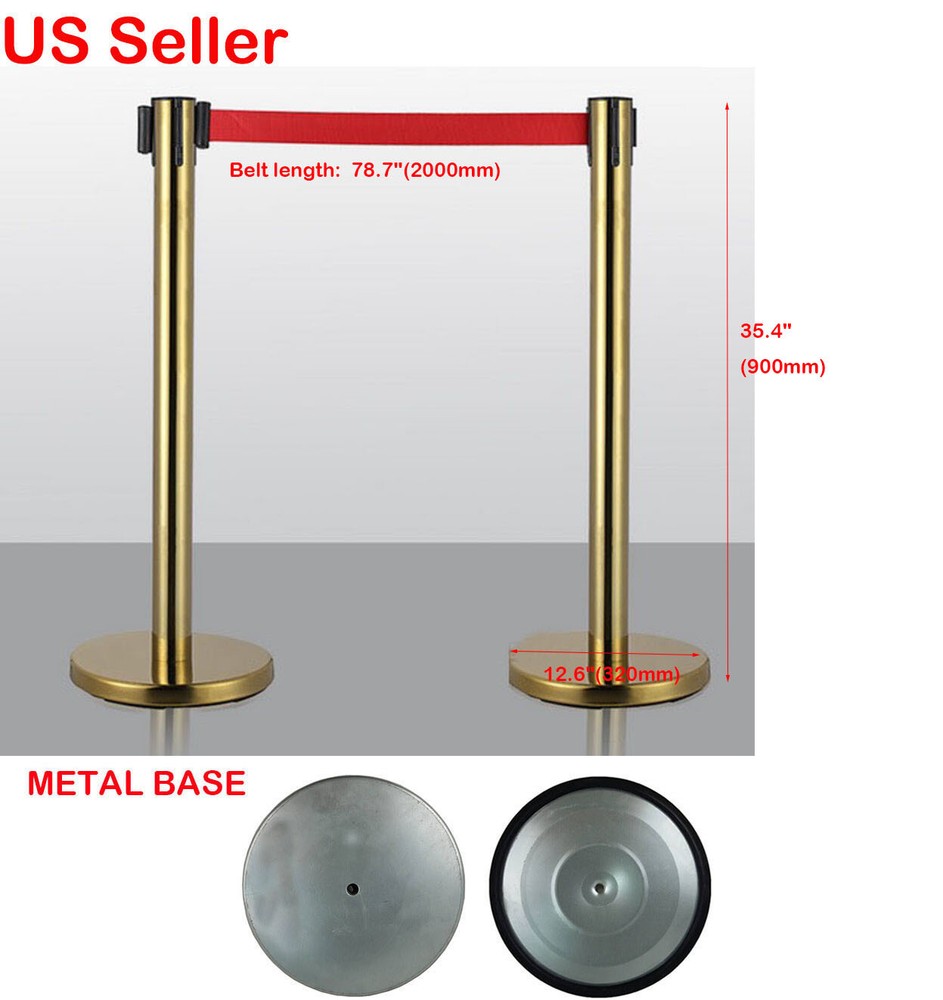 2 pcs Retractable Red Belt Stanchions Gold Posts Queue Pole Crowd Control