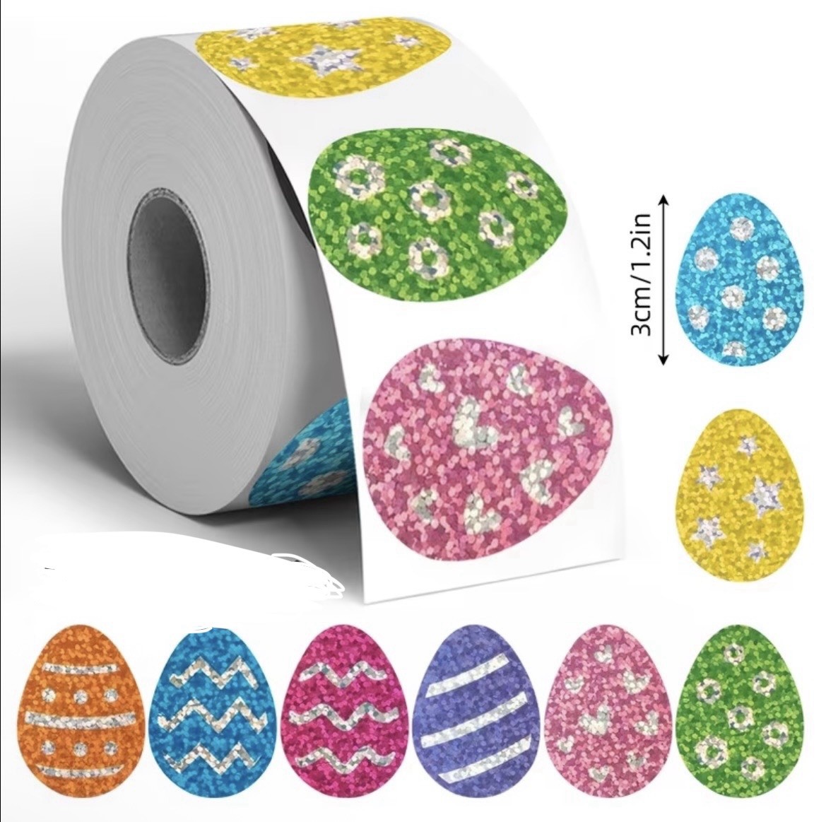 40 PCs ~1x1.2” Holographic Multi-color Glitter Easter Egg Stickers 8 Designs
