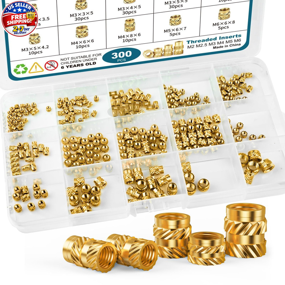 300Pcs Threaded Inserts M2 M2.5 M3 M4 M5 M6 Brass Heat Set Insert for Plastic an