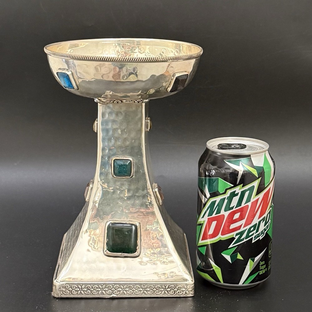 Vintage Hammered Silver Plated Bejeweled Cabochon Decorative 8” Candle Holder