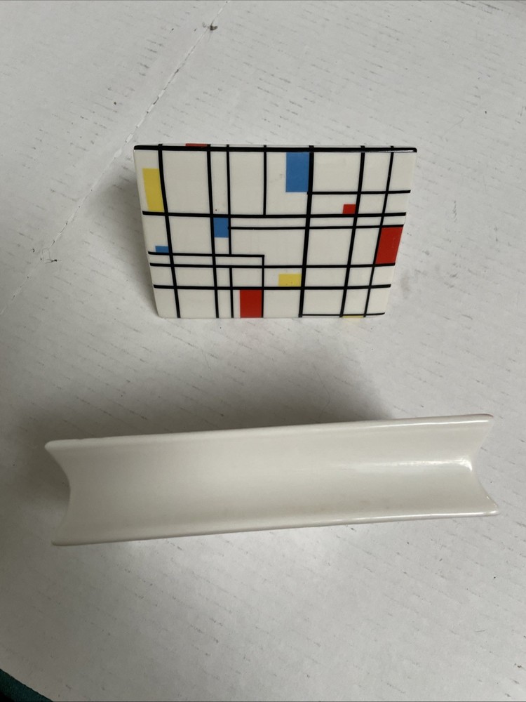 Piet Mondrian style triangular ceramic toothbrush holder and soap dish