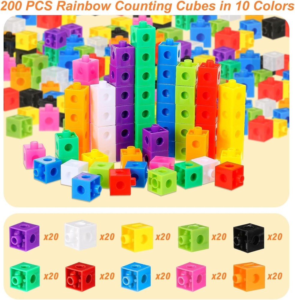 200PCS Math Linking Cubes, Connecting and Counting Snap Blocks for Early Lear...