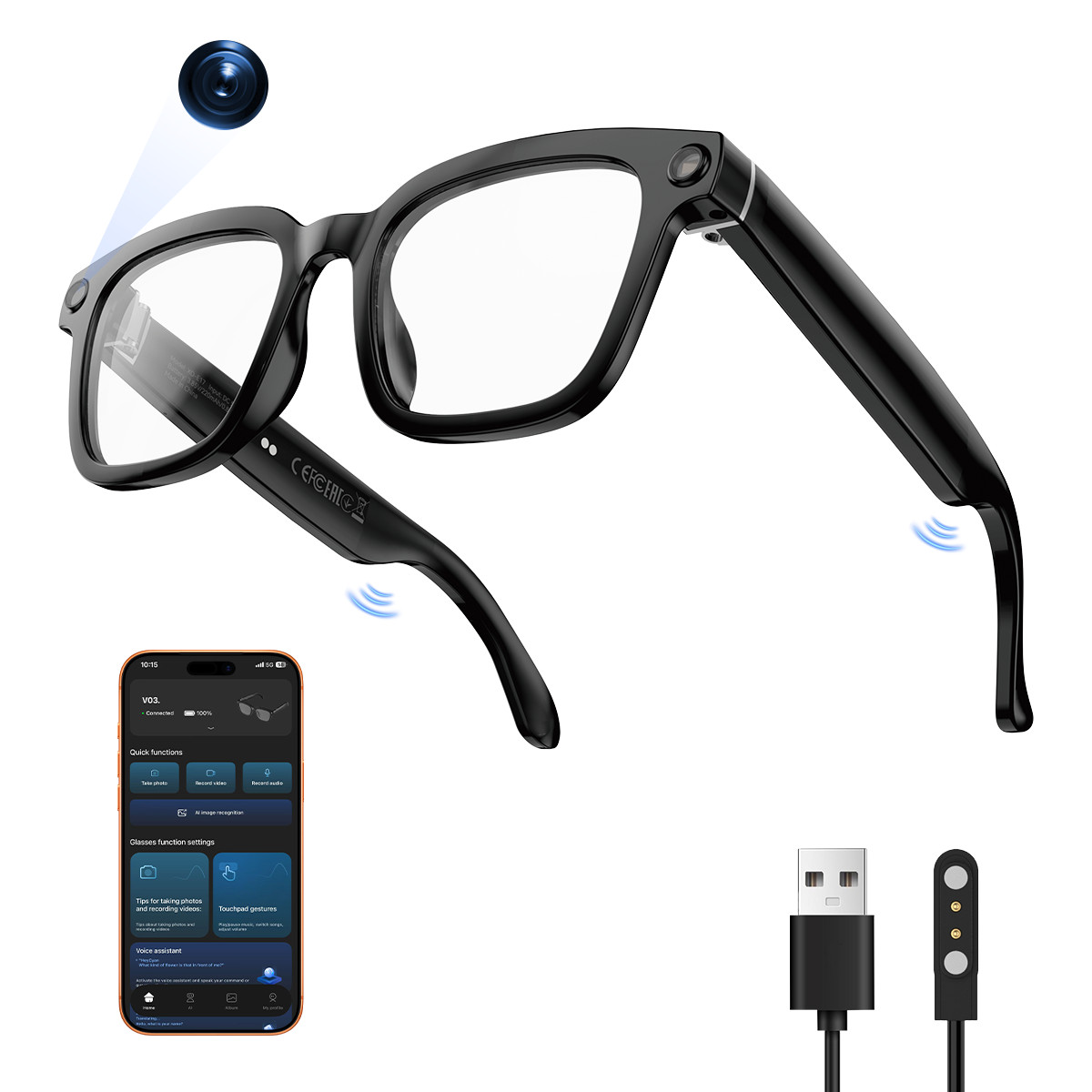 Smart Bluetooth Glasses with Camera 1080p Video Recording Headphone Photograph