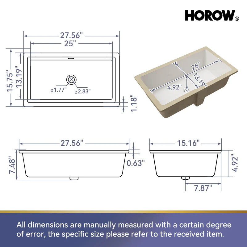 27.6" HOROW Undermount Bathroom Sink Rectangular Vitreous with Overflow Hole
