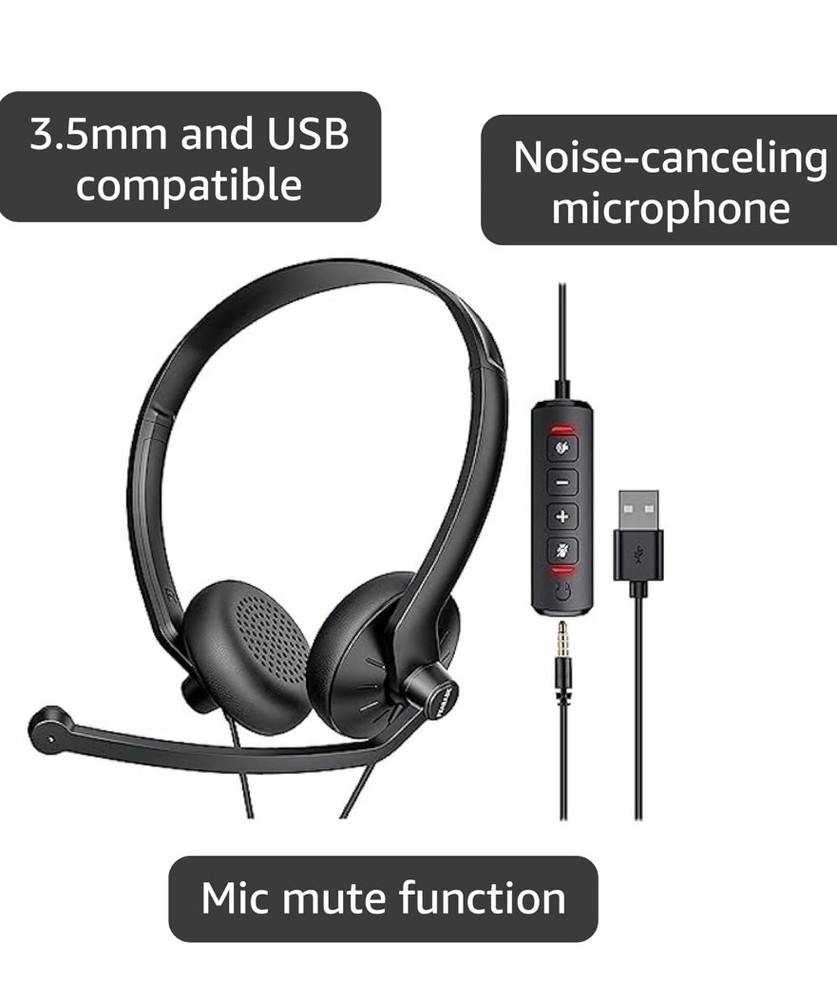 Feabask EH07 USB Headset with Microphone for PC Laptop - Wired Computer...