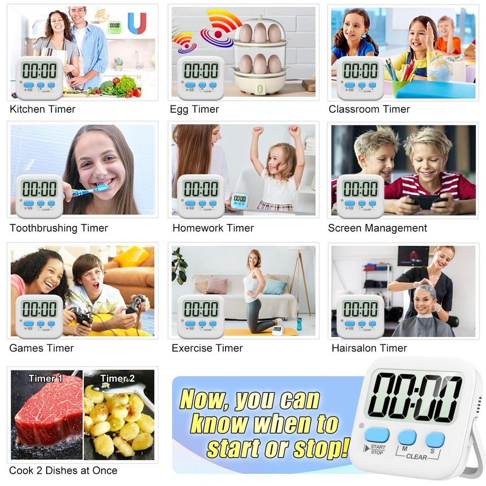 2 Pack Digital Kitchen Timers Countdown Timers with Magnetic Backing Stand