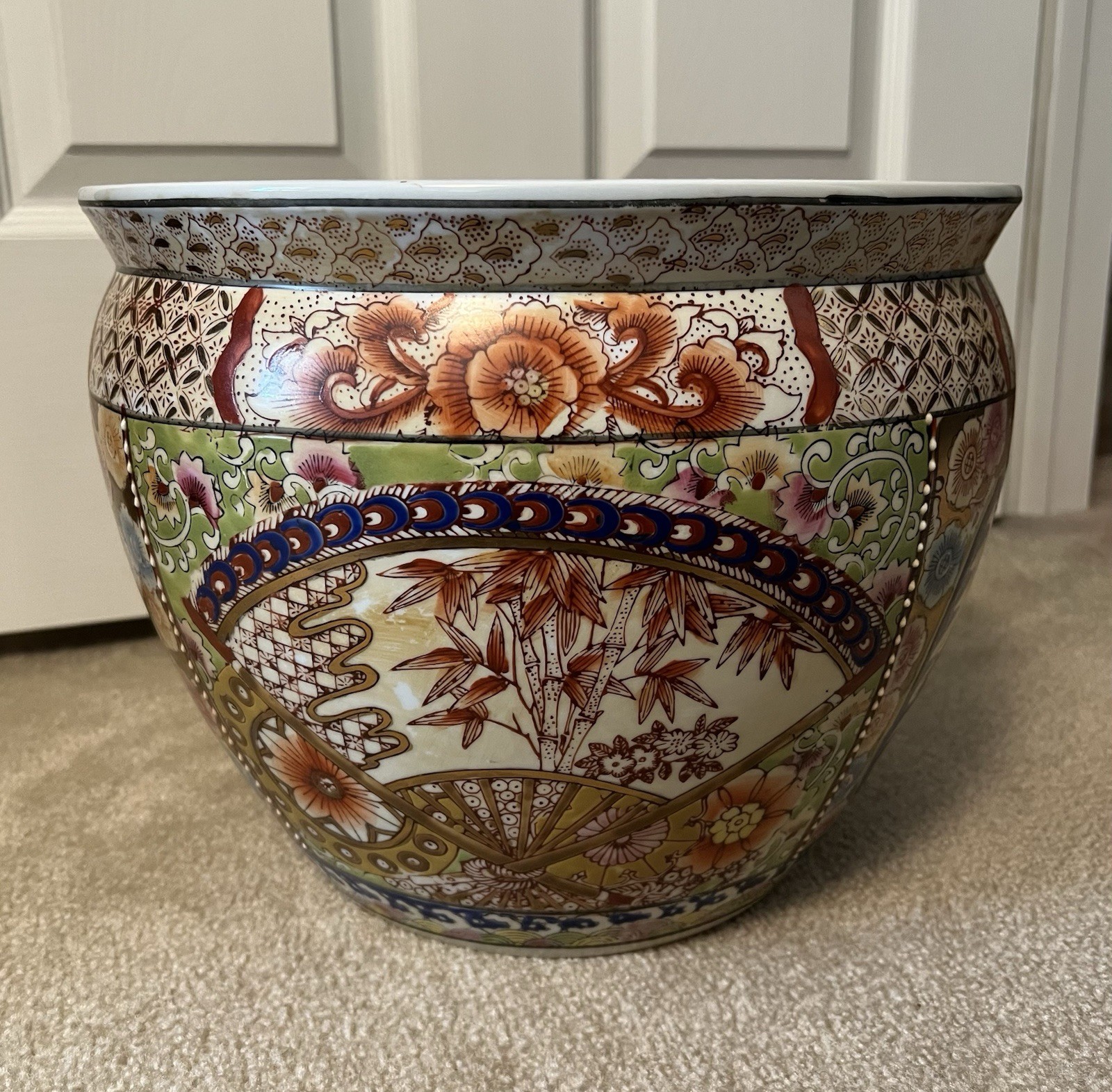 Chinese Koi Fish Bowl Jardiniere Pot Planter Hand Painted Porcelain 12"