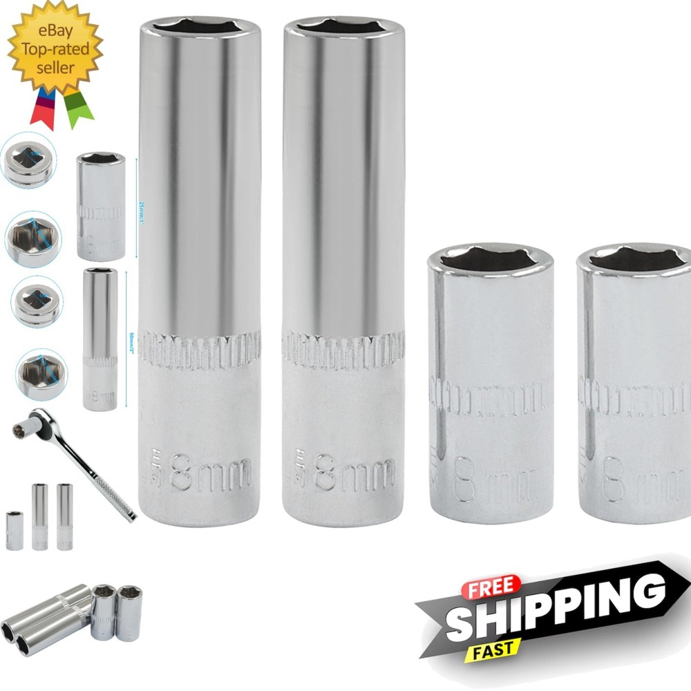 4Pcs Shallow & Deep Socket 8mm Socket 1/4 Inch Drive Metric 6 Point