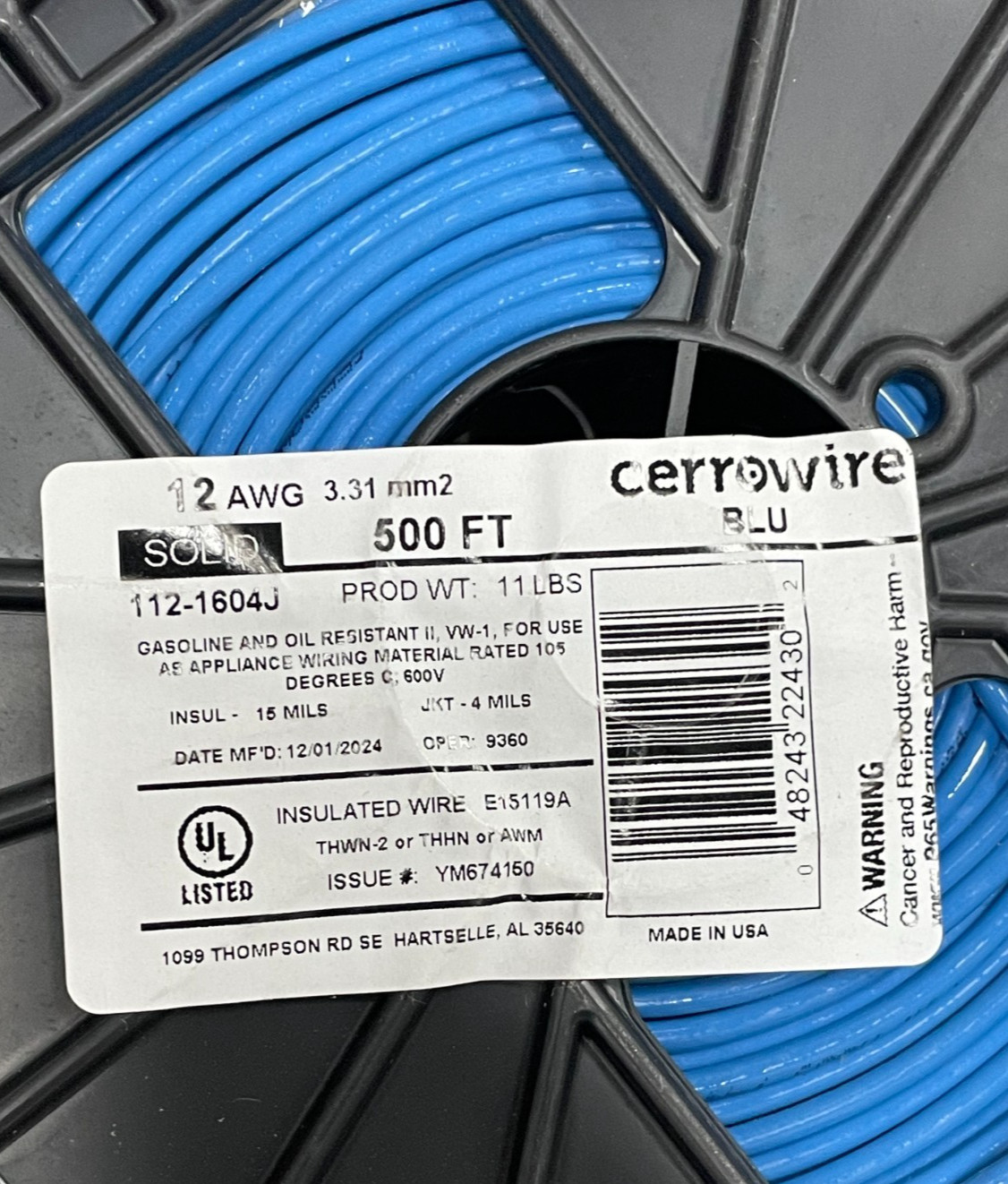 500 ft. #12 BLUE SOLID 12 Gauge 12 AWG THHN Wire