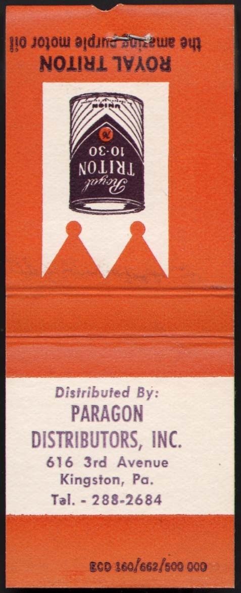 Royal Triton Motor Oil Can Vintage Full Matchbook, Paragon Dist