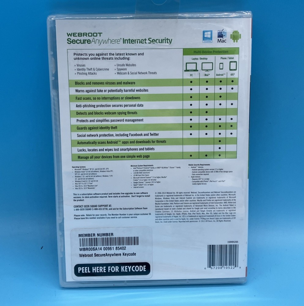 Webroot Secure Anywhere Internet Security 3 Devices for PC/MAC/Mobile NEW SEALED