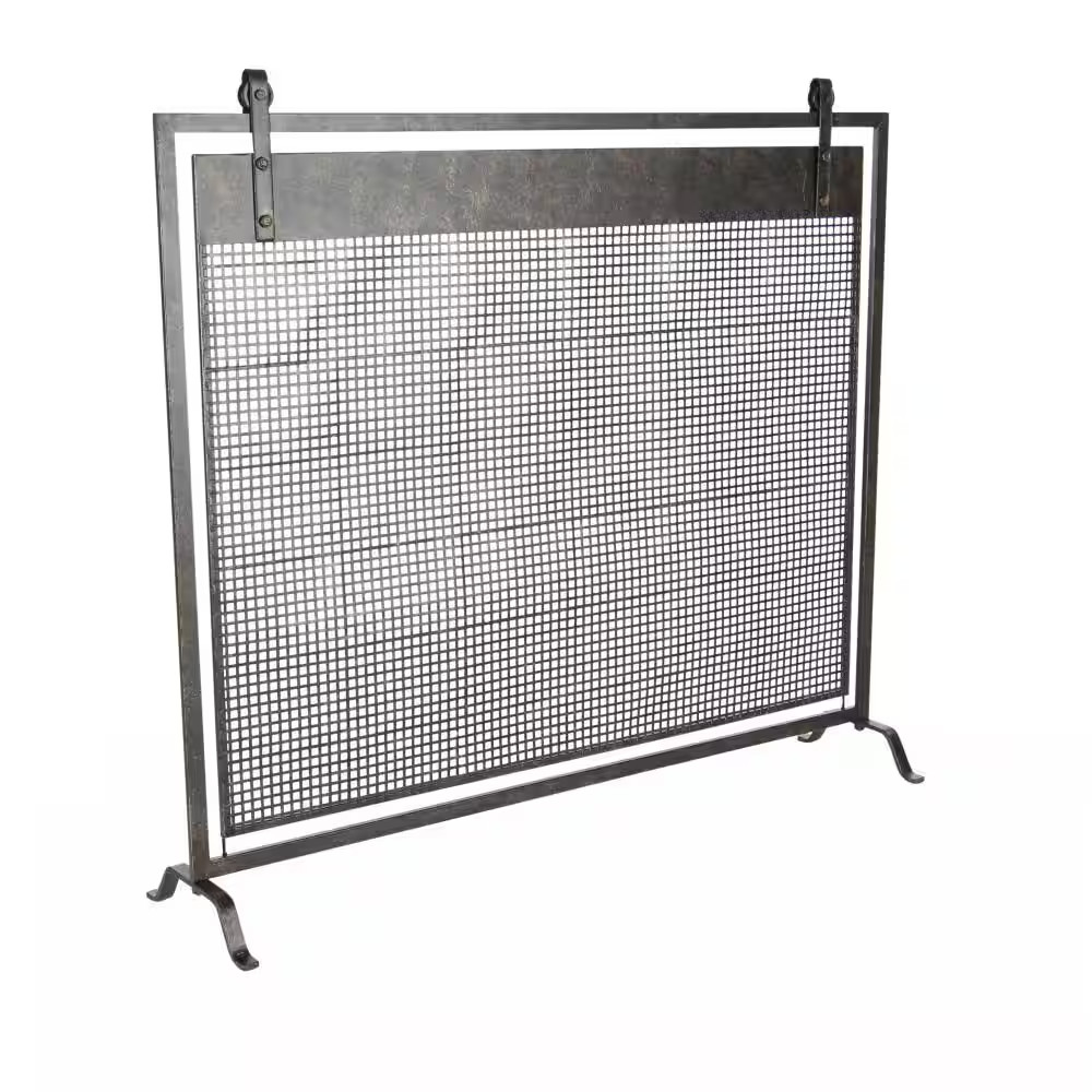 Black Metal Geometric Suspended Grid Style Netting Single Panel Fireplace Screen