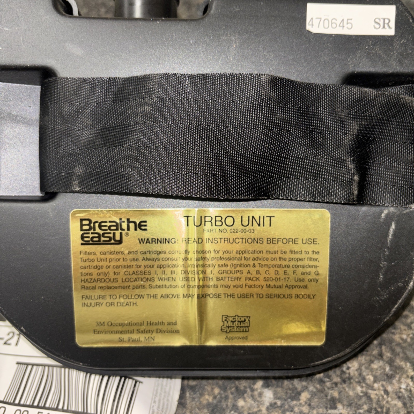 3M Breathe Easy Turbo Unit Air Purifying Respirator PAPR, PN: 022-00-03R01