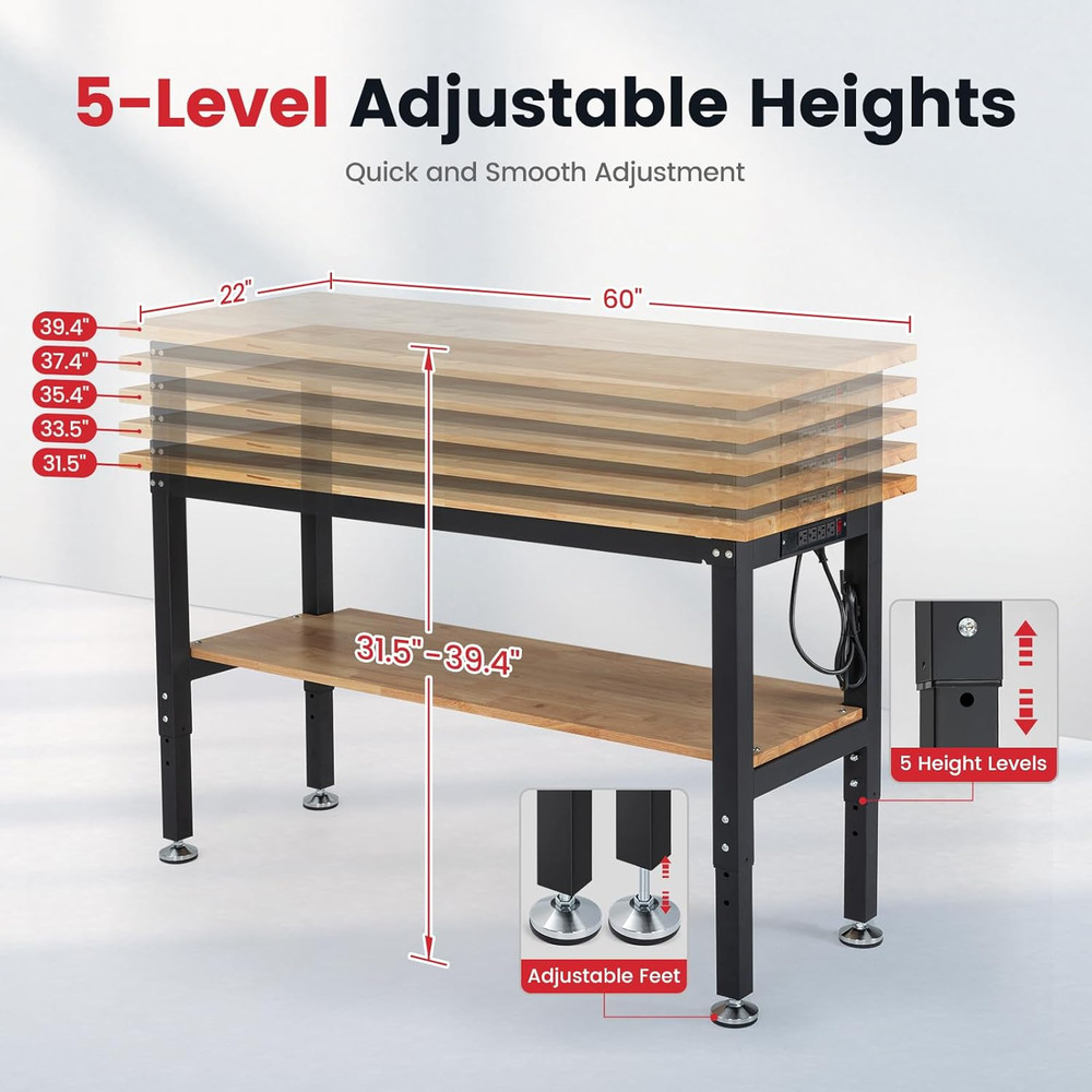 Work Table for Garage 60 Inch Workbench with Storage Adjustable Height Rubber Wo