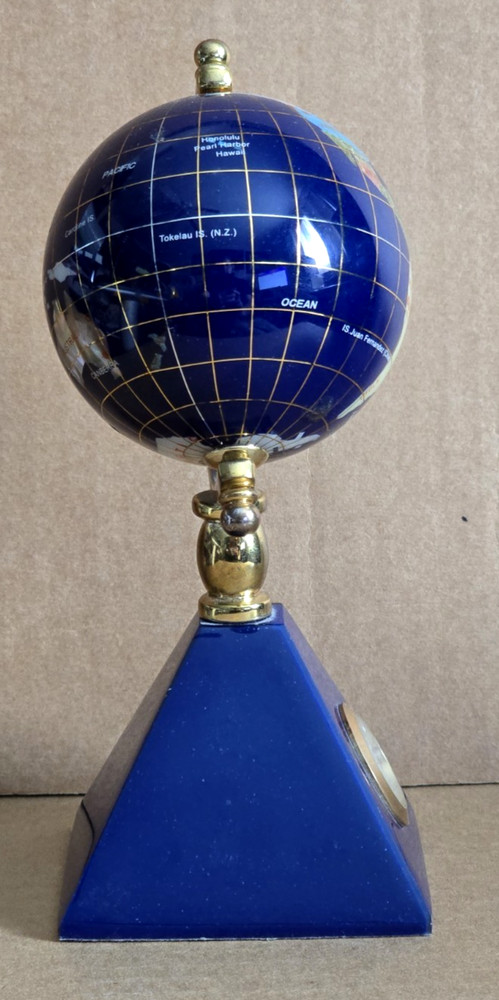 Blue Lapis Gemstone Desktop Globe with Quartz Clock 7" Tall