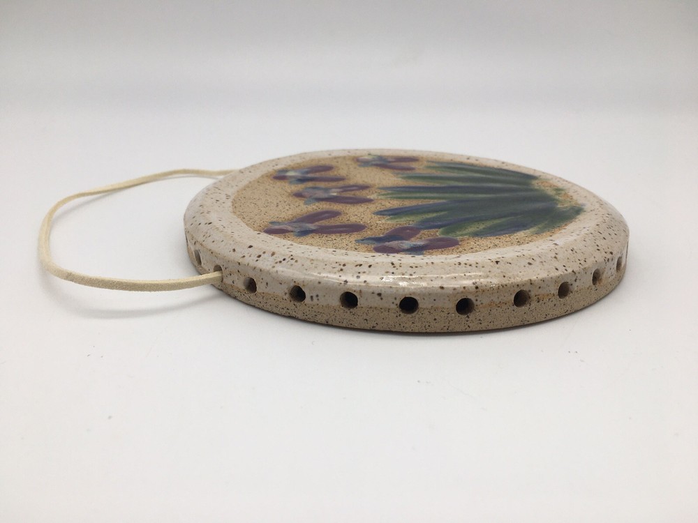 Studio Crafted Art Pottery Hand Painted Iris Wall Plaque Stoneware Signed