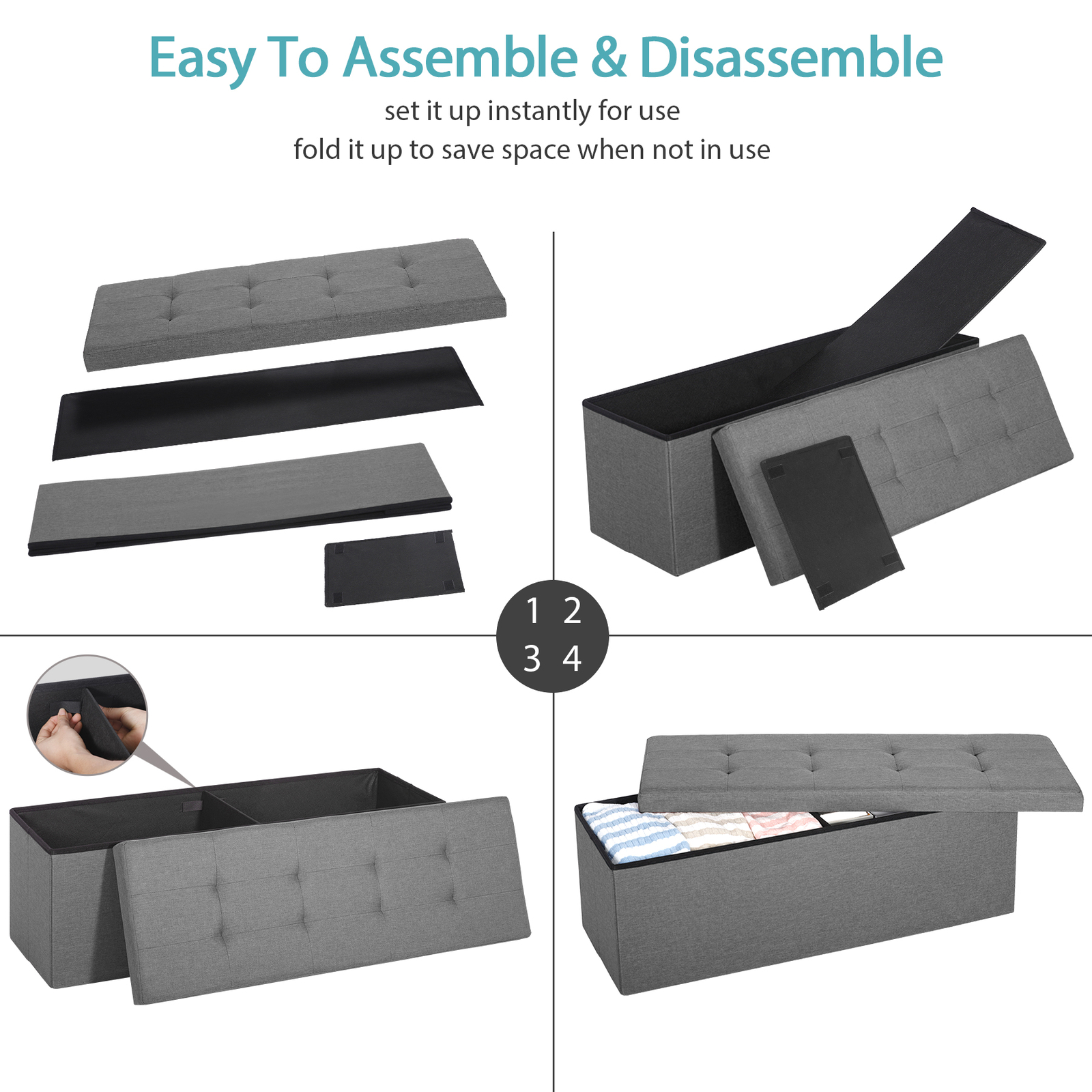 43"Storage Ottoman Bench Folding Chest Footrest Stool MDF Frame w/Lid Light Grey