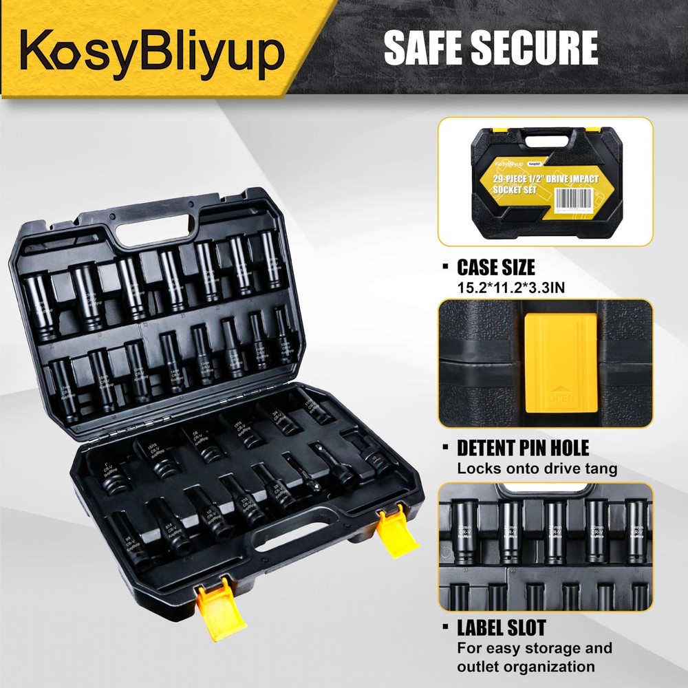 KosyBliyup 1/2" Drive Impact Socket 1/2-inch socket set, Black