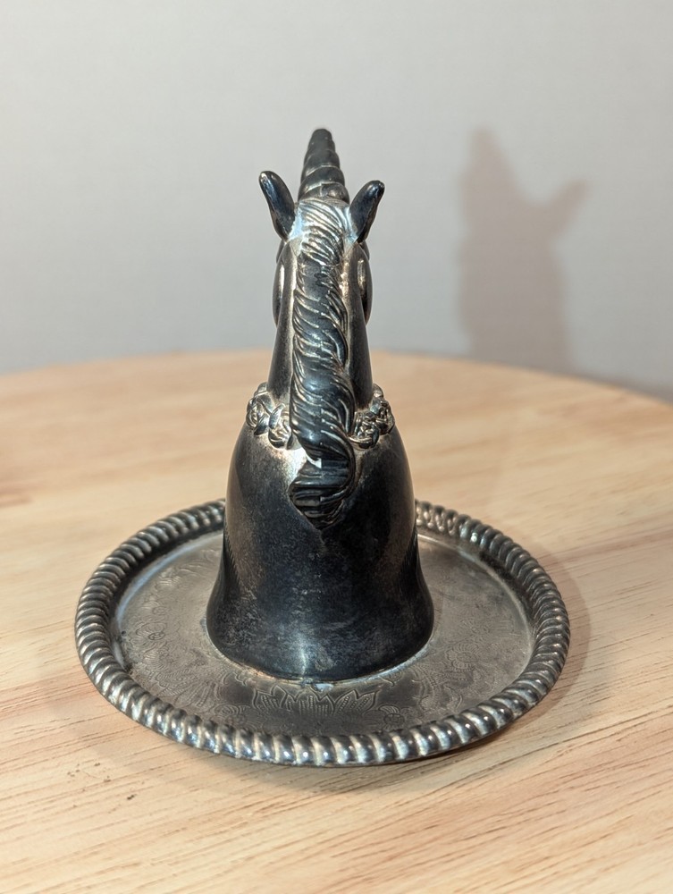 UNICORN RING HOLDER Vtg Hong Kong Silverplate Unicorn Trinket Dish Very Detailed