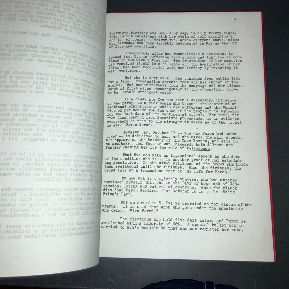 EVITA (c1940-50s) Selznick EVA PERON Script Development Report & Synopsis + COA!