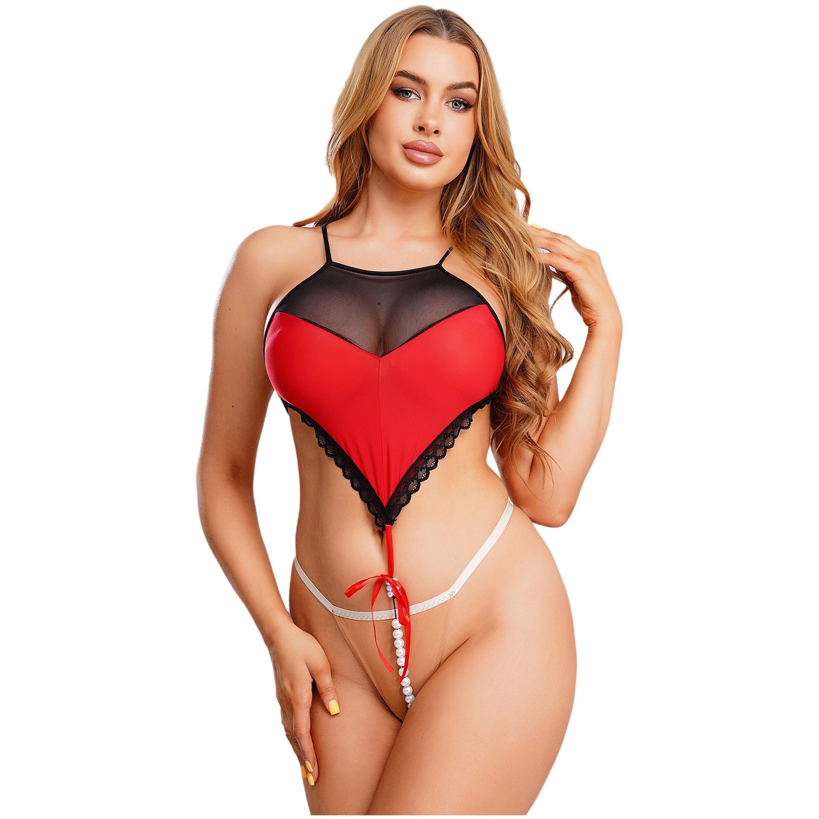 Womens See Through Lingerie Bodysuit Underwear Nightwear with Pearls Babydoll