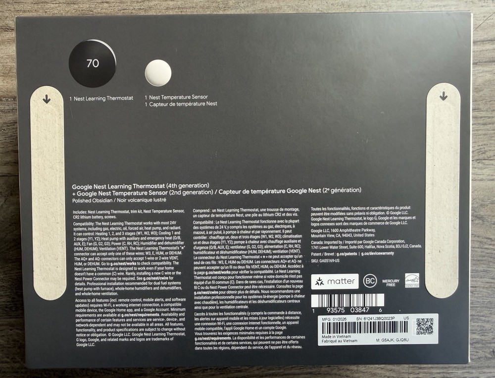 Google Nest Learning Thermostat 4th Gen w/ Sensor - Polished Obsidian -Black