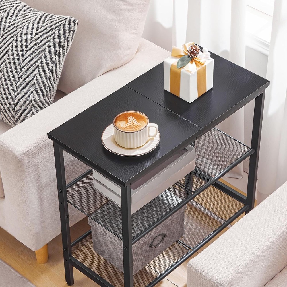 Black Side Table 3-Tier Metal Side Table Small Black Table W/ 2 Flat/Slant