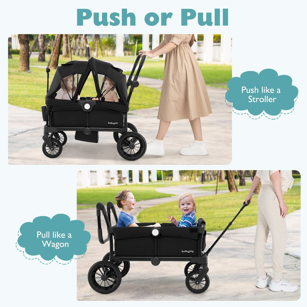 Wagon Stroller for 2 Kids Push Pull Double Stroller w/ Adjustable Handle