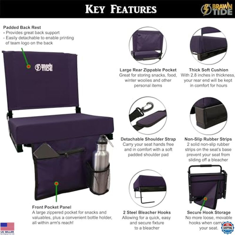 BRAWNTIDE Extra Thick Cushioned Wide Stadium Seat - Lightweight, Back Support,