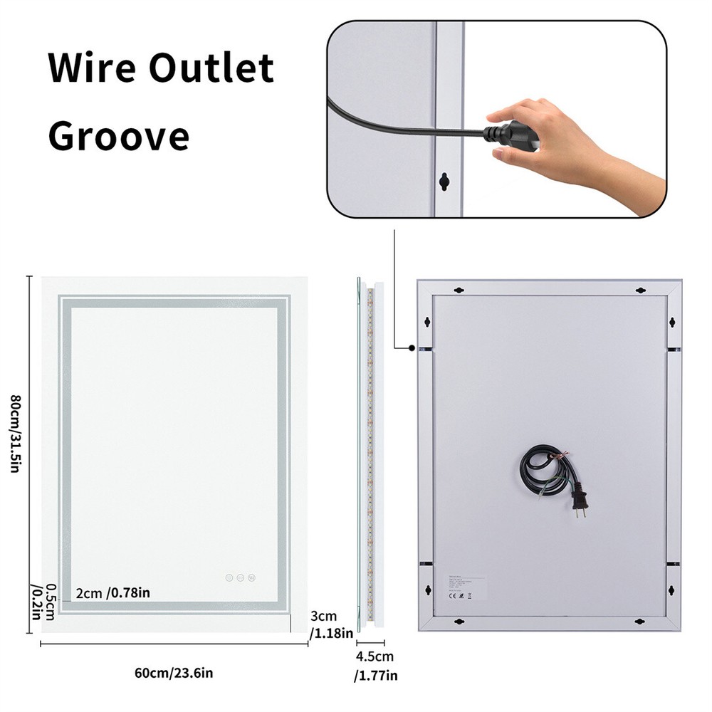 Large Lighted Bathroom Mirror Dimmable Fog Free Sensor Touch Vertical/Horizontal