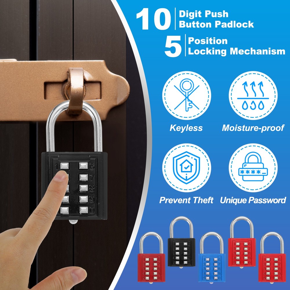3Pcs Push Button Combination Padlock 10-Digit 5-Position Lock Black