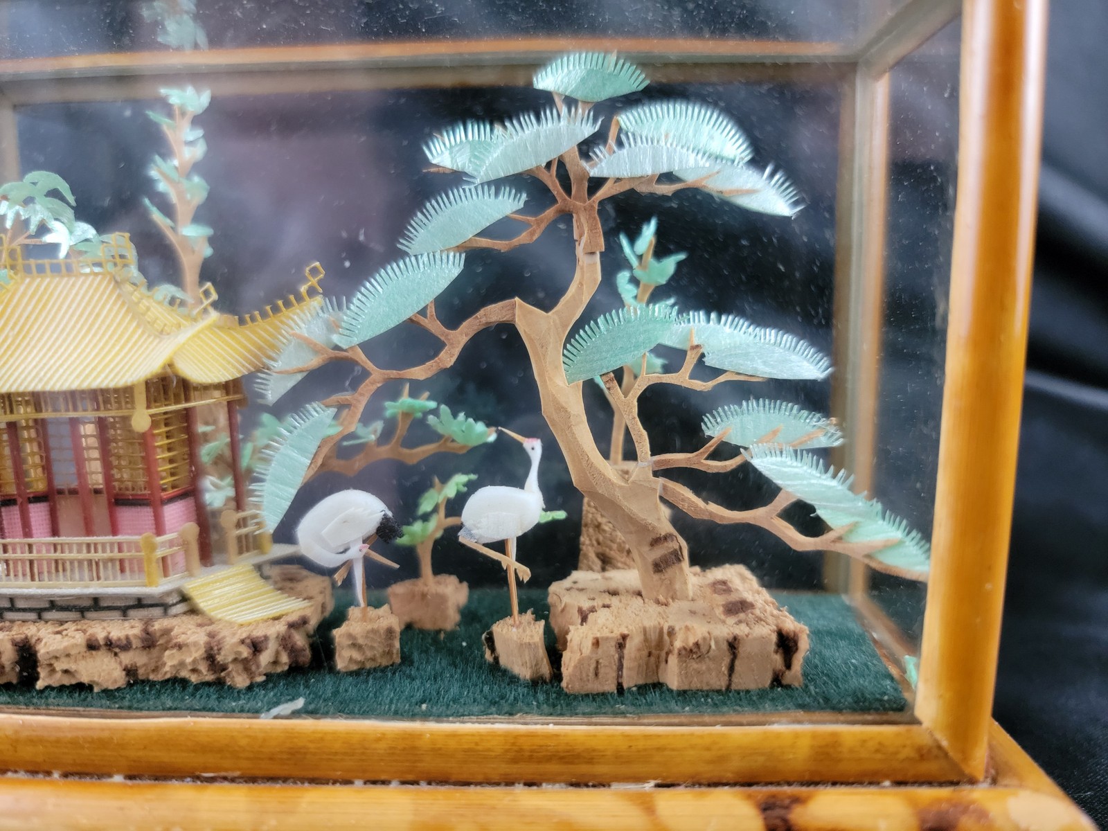 3D Carved Sculpture China Japan Pagoda Bonsai Tree Storks Cranes Vintage