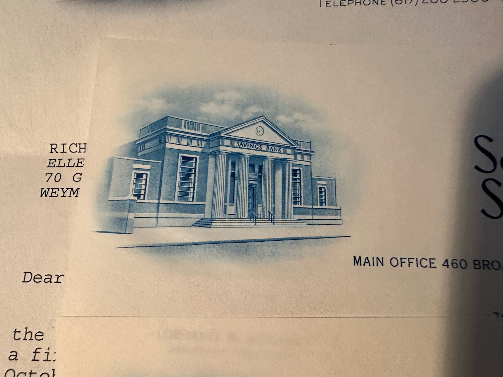 4 Vintage South Boston Savings Bank MA. Blue Engraving Letterheads Letters