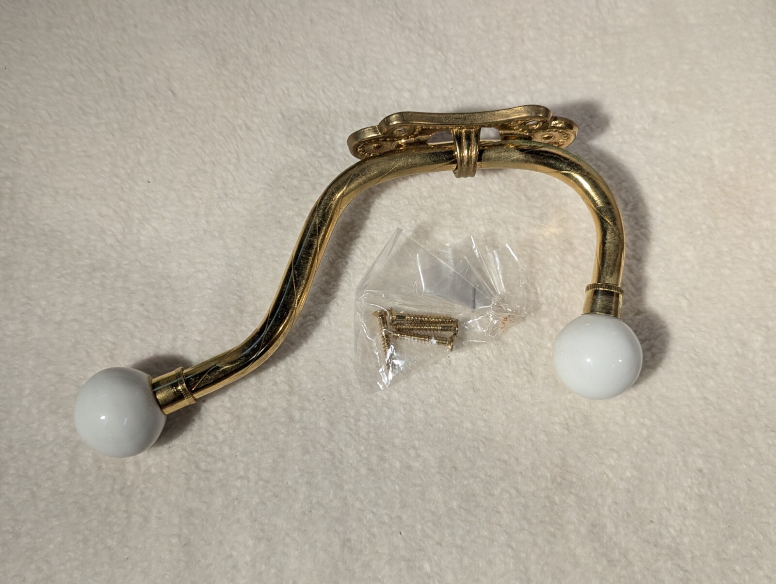 Vintage Brass Porcelain Knob Wall Mount Double Towel Hanger Coat Hooks NOS