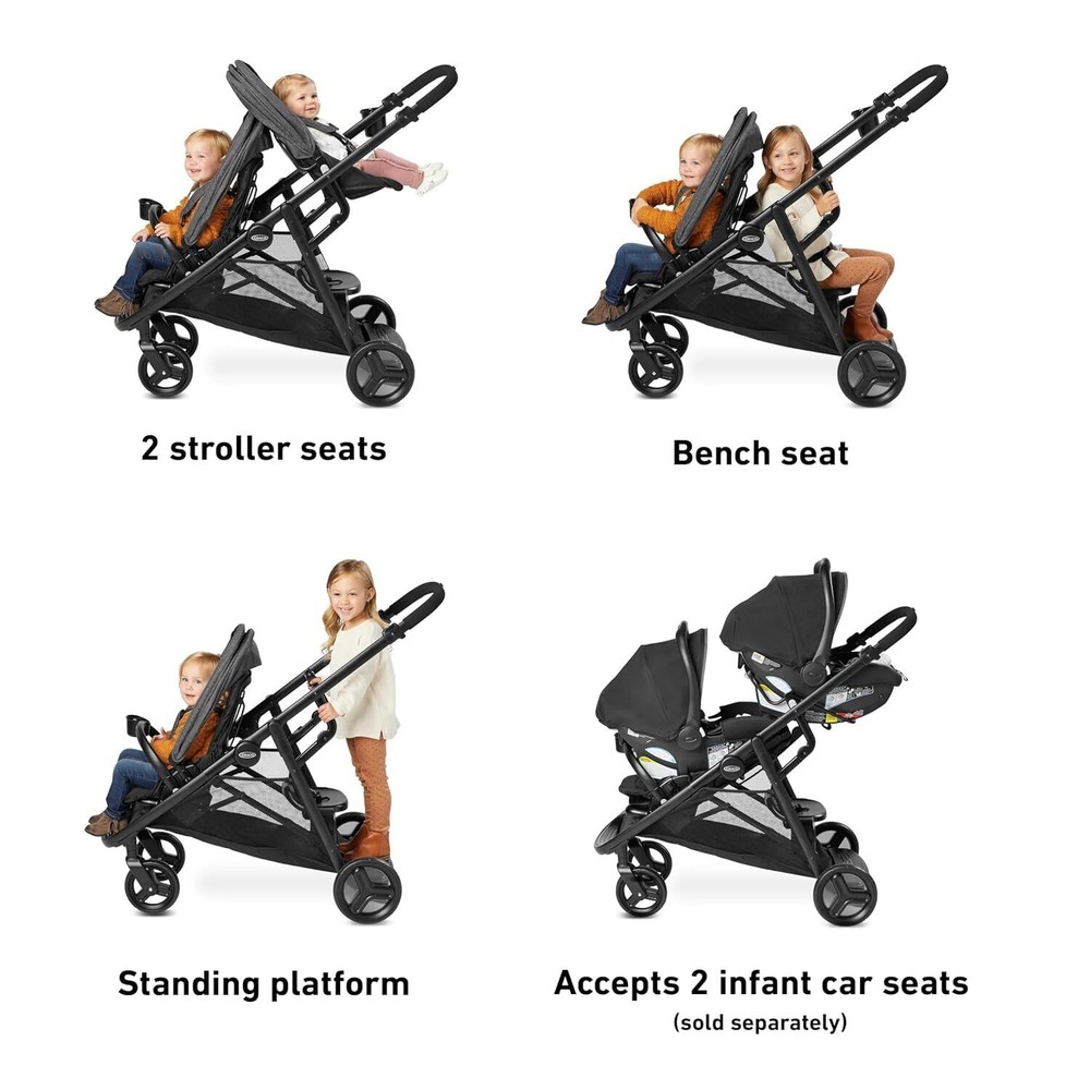 Double Stroller Features Bench Seat and Standing Platform Options