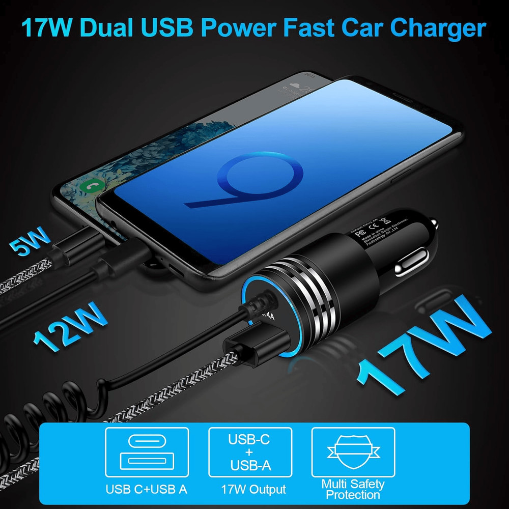 Android Car Charger Fast Charging Type C Coiled Cord, USB C Cigarette Lighter Ad