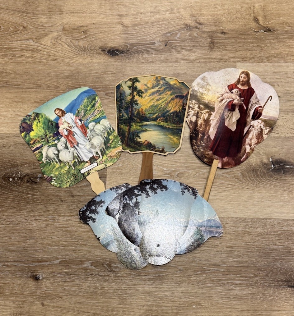 5 Vintage Hand Fans Grocery 1936 Church 1981 Jeweler VA Religious Hand Fans