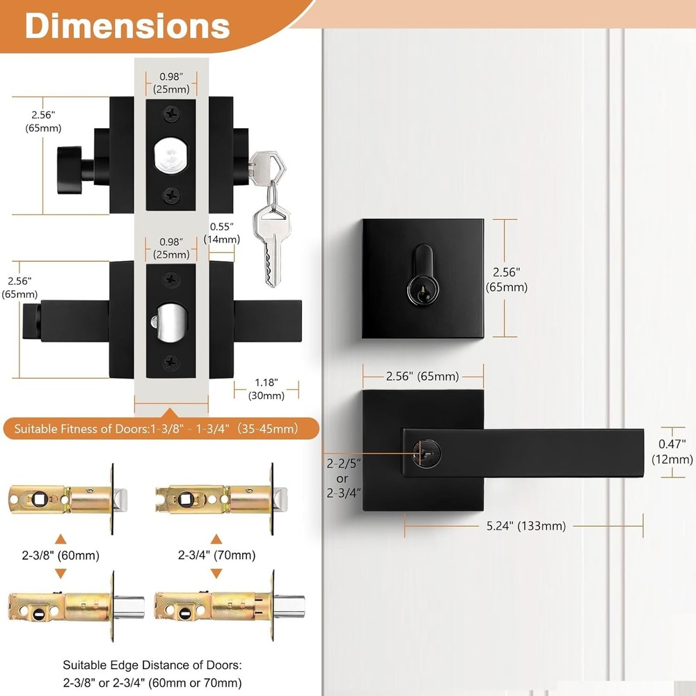 10 Pack Square Keyed Entry Levers & Single Cylinder Deadbolt Combo Flat Black