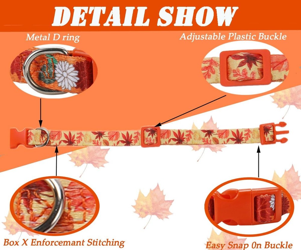 2 Pack Fall Dog Collars, Large, Thanksgiving, Maple, Flower, Adjustable, Soft