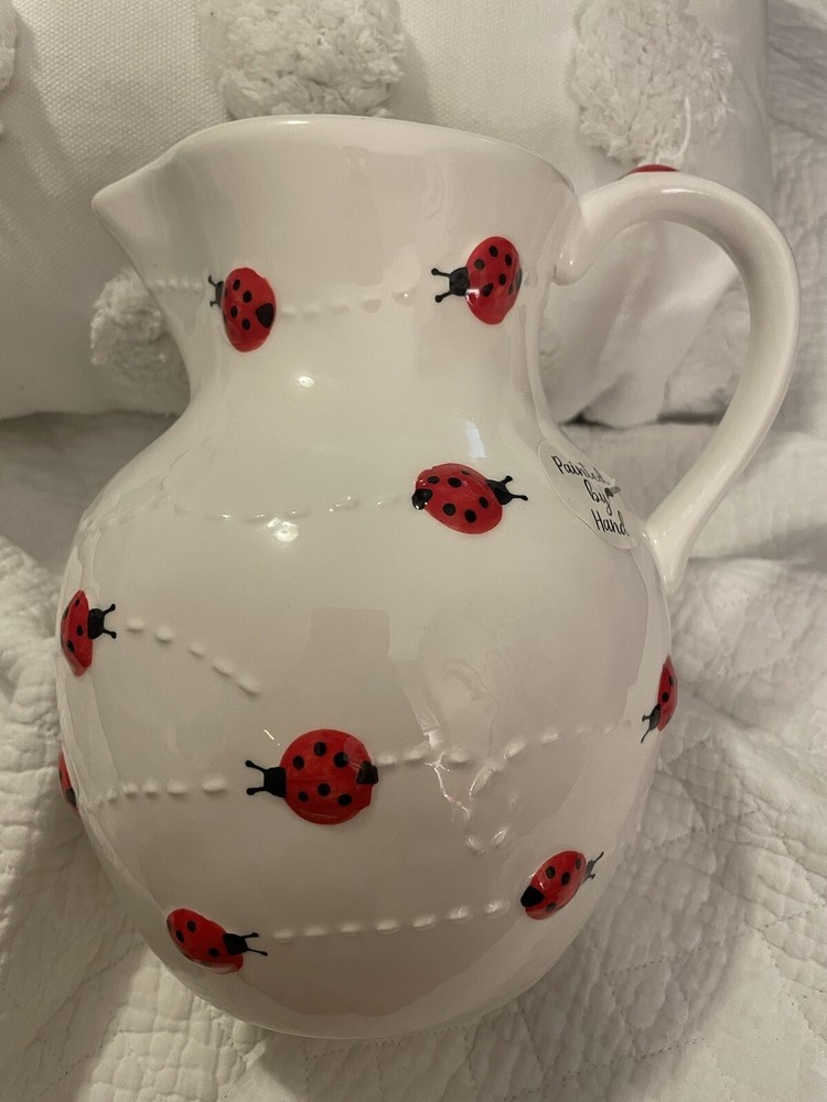 LANG By Design Hand Painted Ceramic Red Ladybugs On White Medium Size Pitcher