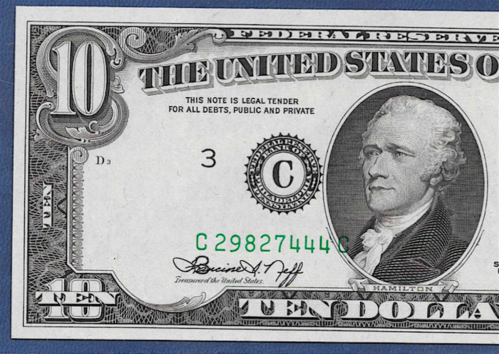🇺🇸 1974 $10 ERROR ♚♚MISALIGNED OVERPRINT♚♚ PCGS GEM NEW 65 PPQ