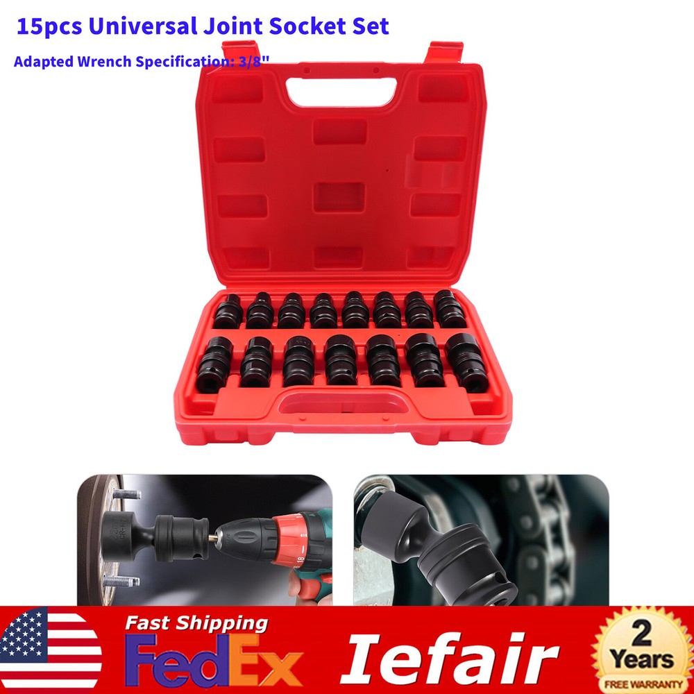15PCS Universal Joint Socket Set 8-22mm Socket Set Swivel Socket Set 3/8" w/Case