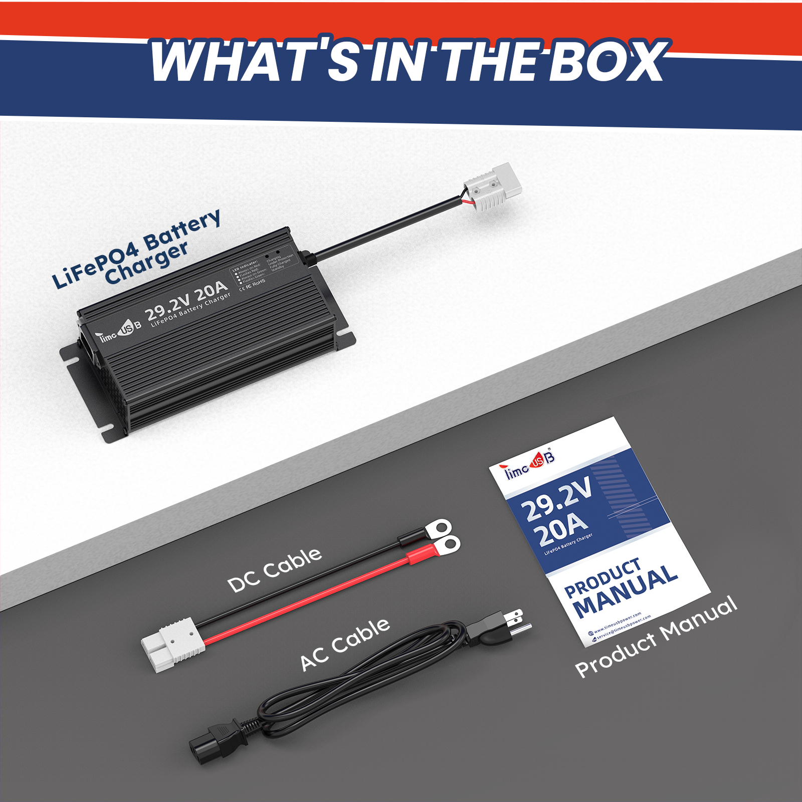 29.2V 20A LiFePO4 Battery Charger with LED Indicators For 24V Lithium Battery