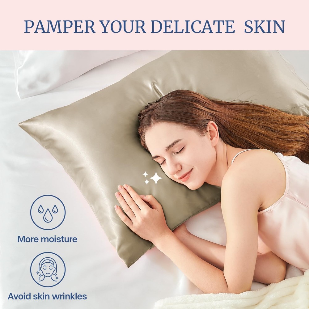 Soft Satin Pillow Covers, 2pc Envelope Design, Skin Friendly, Beige