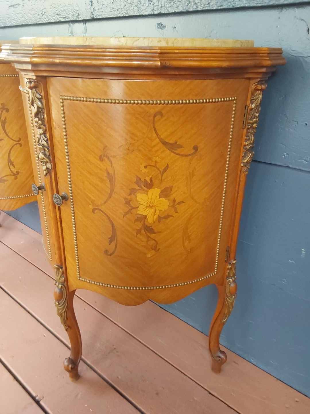Vintage French Demilune Inlayed Wood End Tables w/Marble Tops 30 Tall X 23" Wide