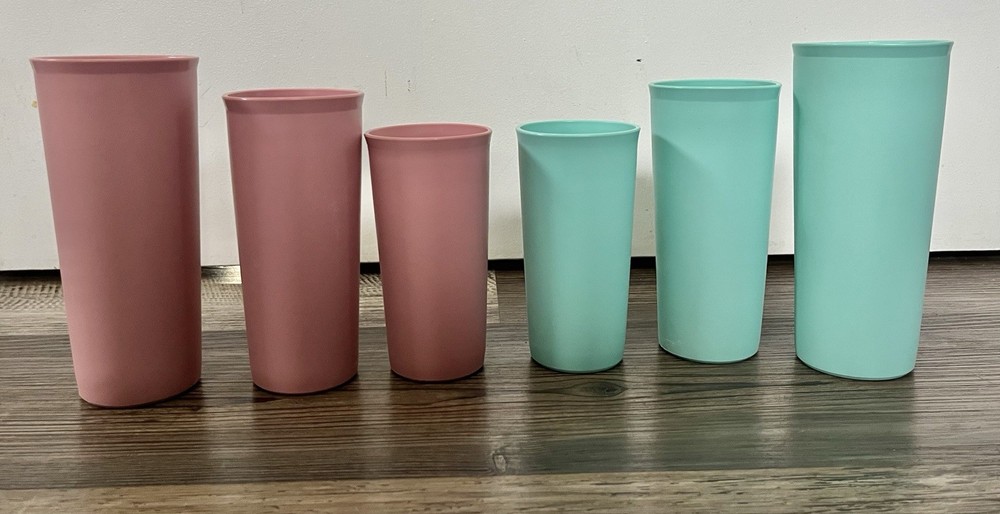 6 Vntg Retro Teal Pink Tupperware Cups Multiple Sizes Pastel Kitchen Cups Drinks