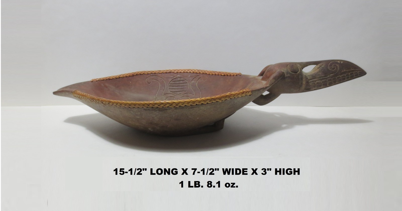 RARE! ANTIQUE! c1900 BORNEO "ASO DRAGON" CARVED WOOD BOWL w WEAVED RATTAN RIM